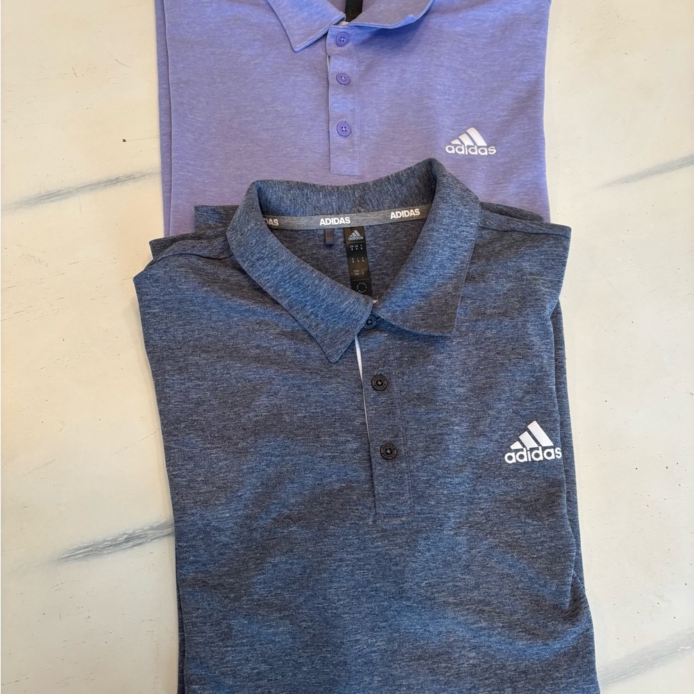 2 Men’s Adidas Heathered Golf Shirts in Blue and Lavender. Size Medium.